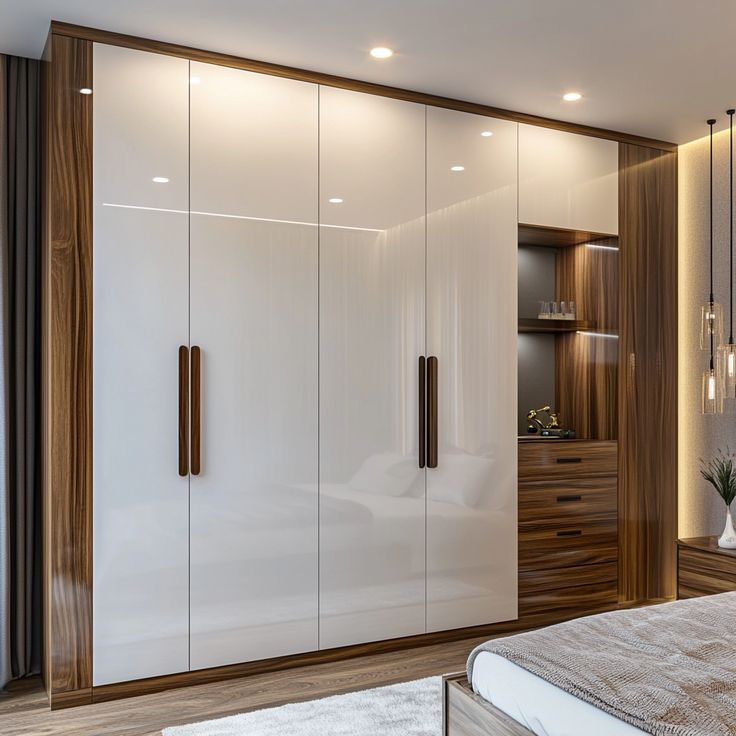 Luxury Glossy Wardrobe with Wooden Detailing